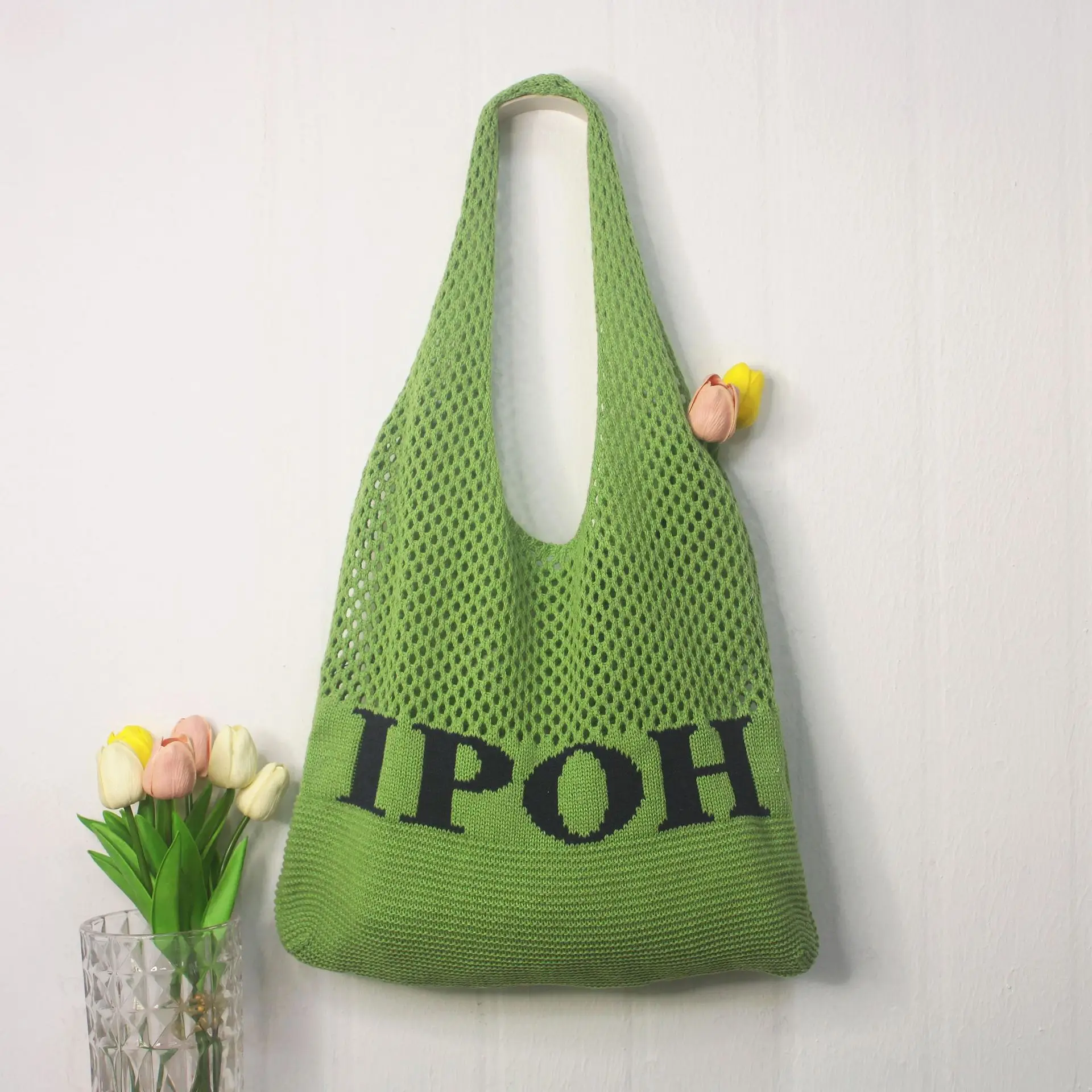 Retro Knitted Shoulder Bag with "IPOH" Print
