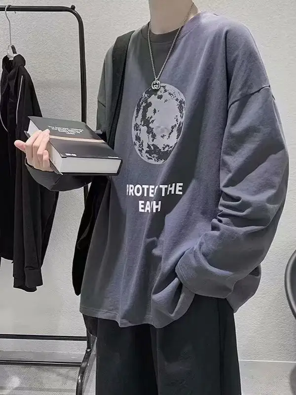 Men Printed T-Shirt Grey Loose Casual Winter - Image 6