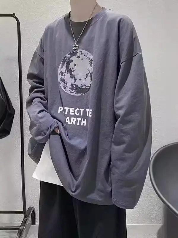 Men Printed T-Shirt Grey Loose Casual Winter - Image 7
