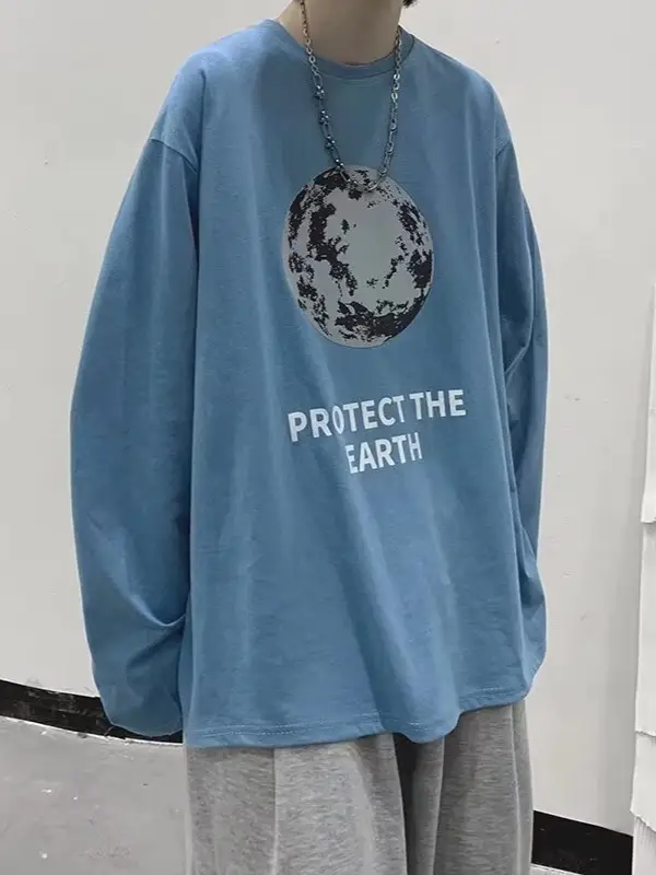 Men Printed T-Shirt Grey Loose Casual Winter - Image 8