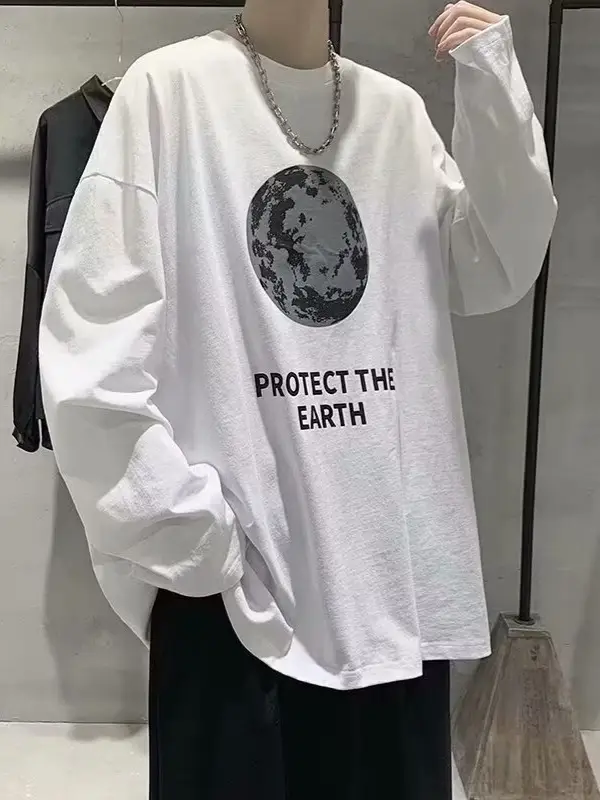 Men Printed T-Shirt Grey Loose Casual Winter - Image 9