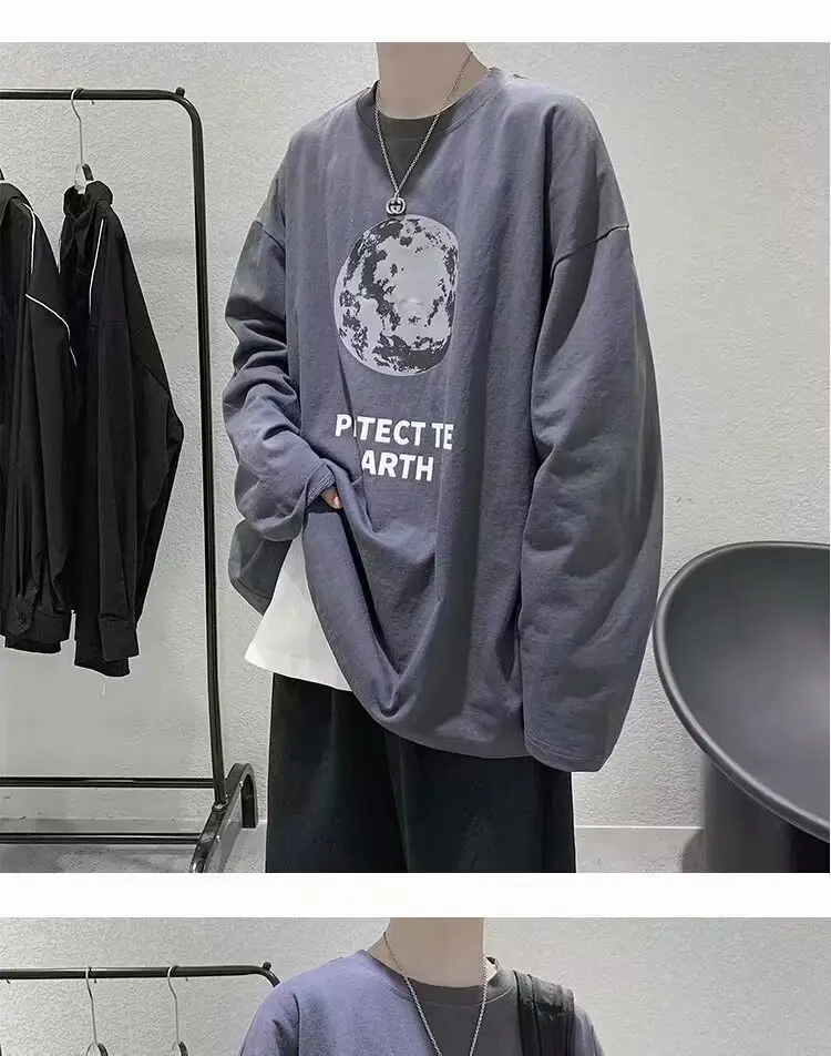 Men Printed T-Shirt Grey Loose Casual Winter — feature 4