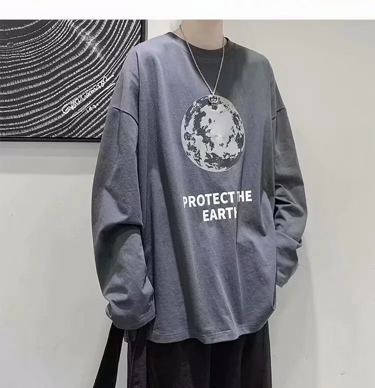 Men Printed T-Shirt Grey Loose Casual Winter — feature 6