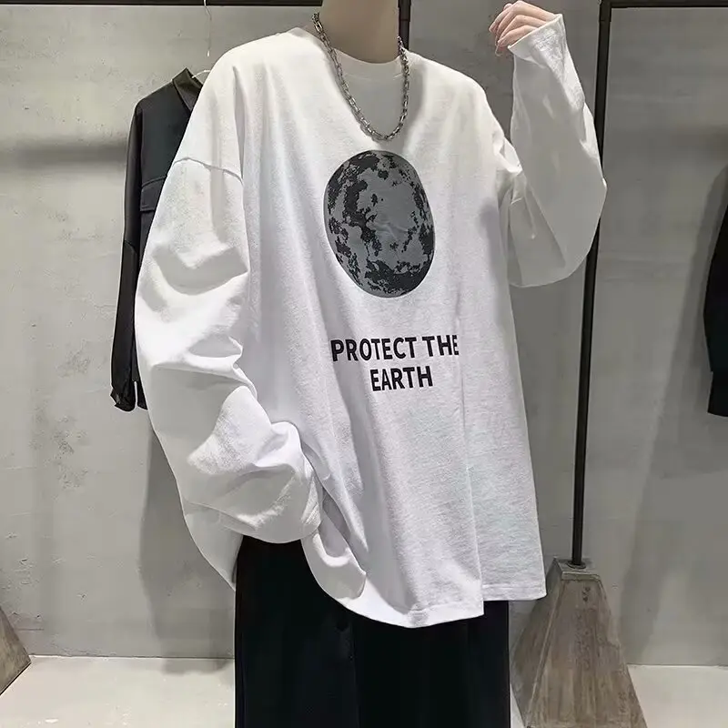 Men Printed T-Shirt Grey Loose Casual Winter - Image 2