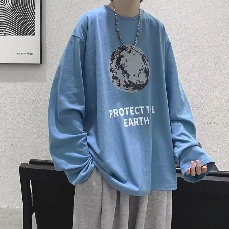 Men Printed T-Shirt Grey Loose Casual Winter - Image 3