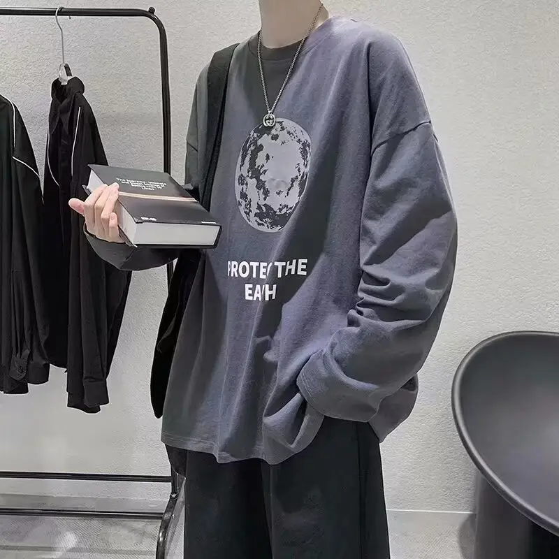 Men Printed T-Shirt Grey Loose Casual Winter - Image 4
