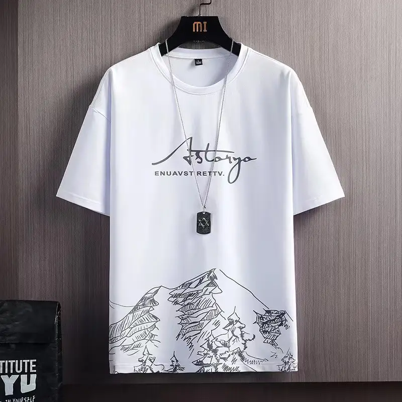 Short-sleeved T-shirt suit men's summer new mountain print fashion trend Korean slim-fit plus size sports two-piece set