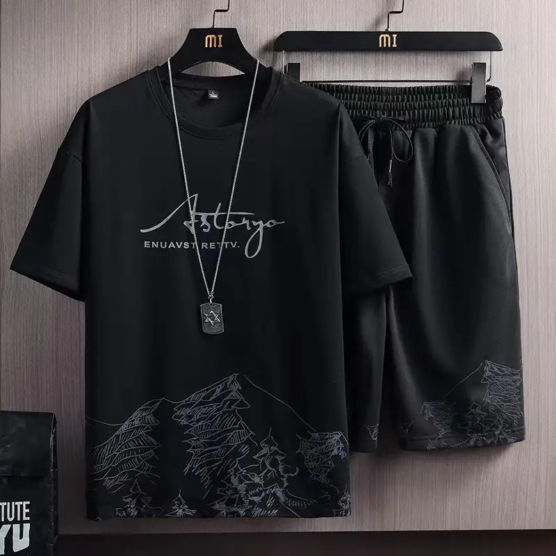 Short-sleeved T-shirt suit men's summer new mountain print fashion trend Korean slim-fit plus size sports two-piece set