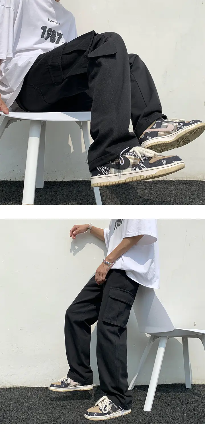 Multi-Pocket Boys Cargo Pants Black Wide Leg Spring Autumn — feature 2