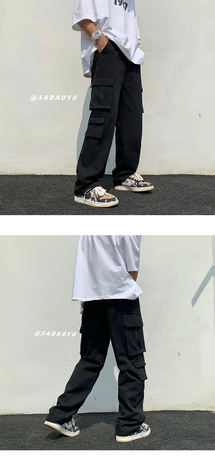 Multi-Pocket Boys Cargo Pants Black Wide Leg Spring Autumn — feature 3