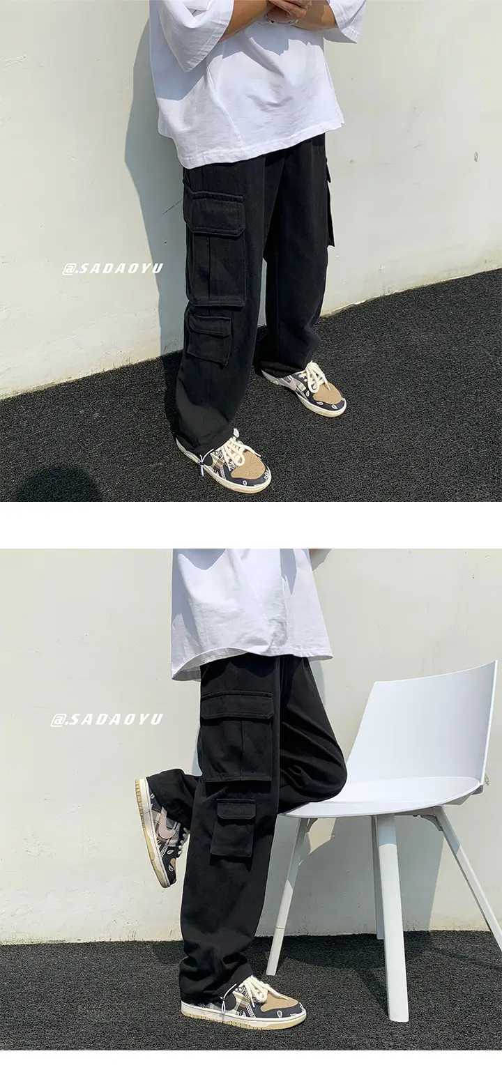 Multi-Pocket Boys Cargo Pants Black Wide Leg Spring Autumn — feature 4