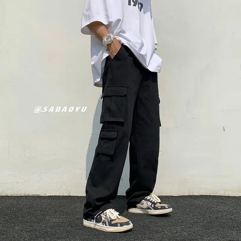 Multi-Pocket Boys Cargo Pants Black Wide Leg Spring Autumn - Image 2