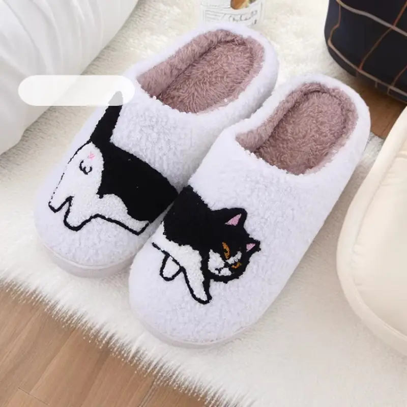 Cross-Border E-Commerce Autumn and Winter New Home Plush Slippers with Fleece Lining, Thickened Cartoon Cow and Cat Cute Cotton Slippers for Women
