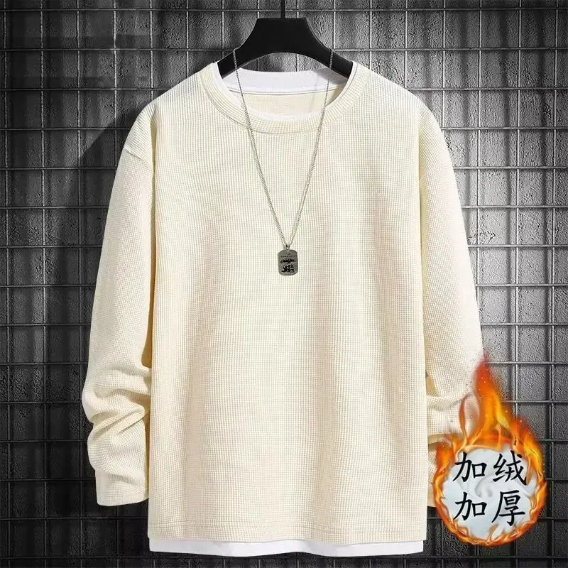 Men Fleece Lined T-Shirt Cream Plus Size - Image 2