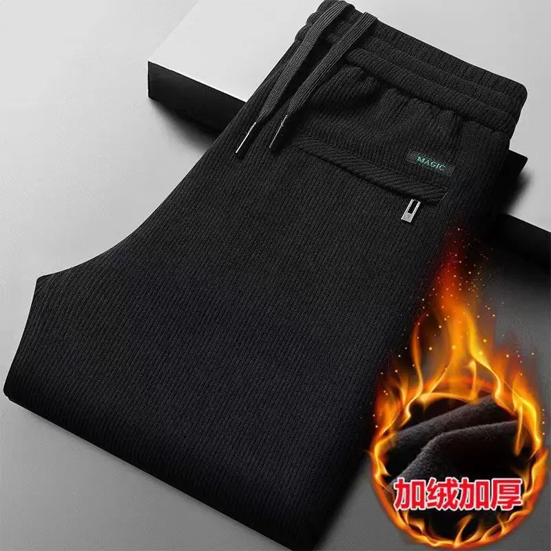 Men's Black Corduroy Straight Pants Fleece Lined Plus Size