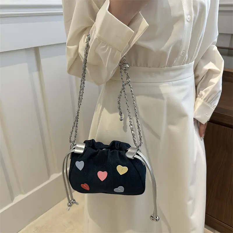 Canvas Drawstring Chain Shoulder Messenger Bag Women - Image 4