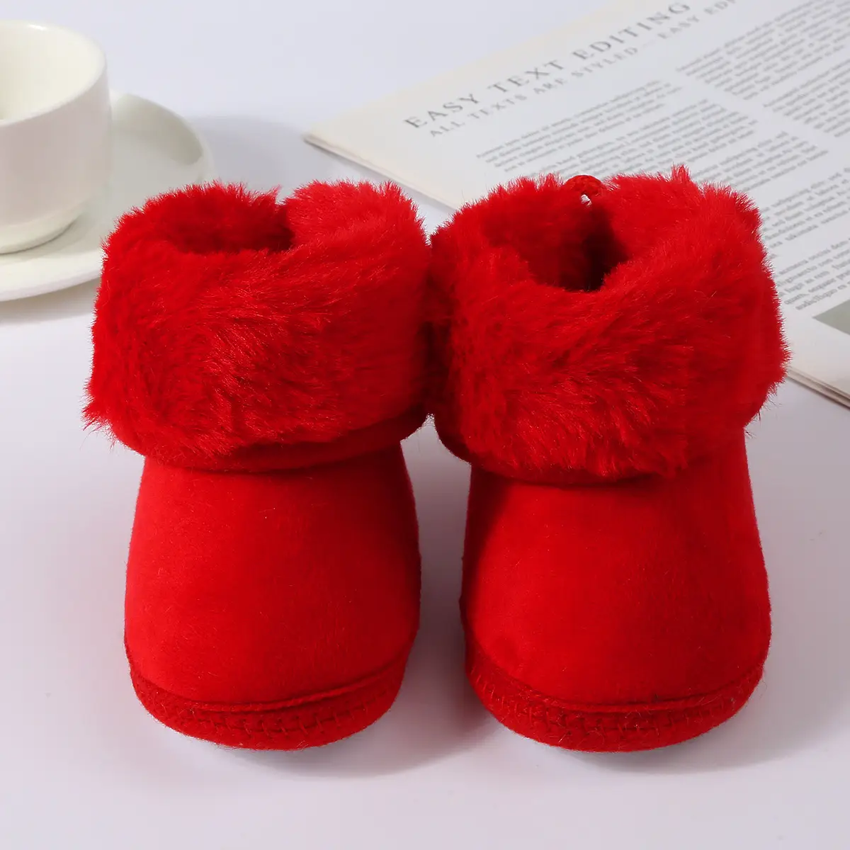 Baby Faux Fur Boots Red Pink Brown 0-1Yr Winter Soft — feature 14