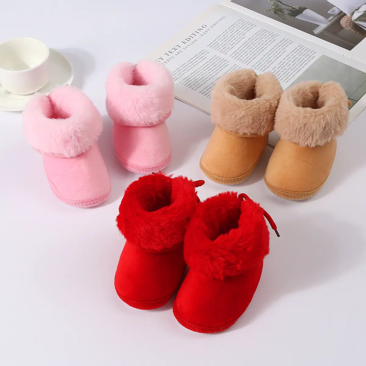 Baby Faux Fur Boots Red Pink Brown 0-1Yr Winter Soft — feature 2
