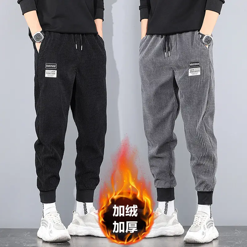 Men Grey Corduroy Leg Pants Winter Fleece Casual Plus Size - Image 6