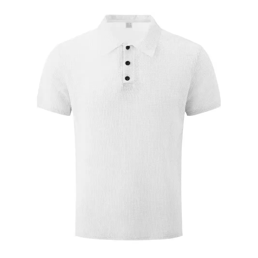Men's Waffle Knit Polo Shirt Short Sleeve Summer Beige - Image 9