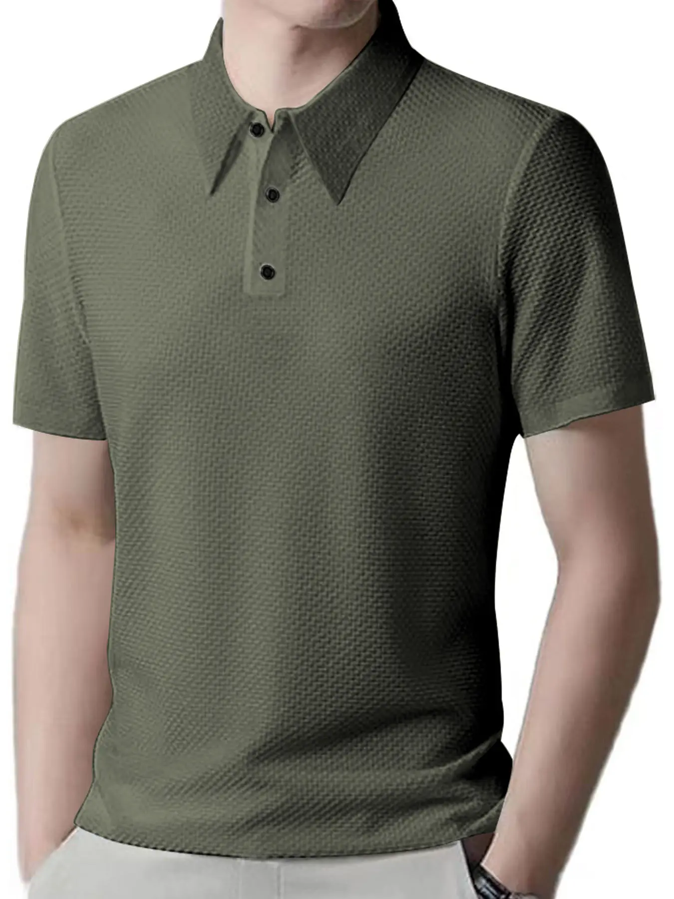 Men's Waffle Knit Polo Shirt Short Sleeve Summer Beige - Image 4