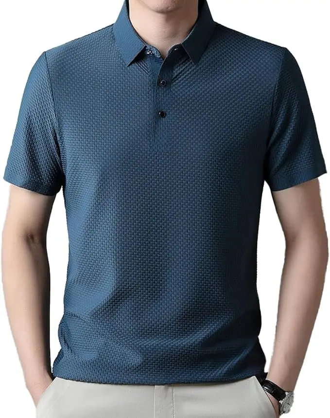 Men's Waffle Knit Polo Shirt Short Sleeve Summer Beige - Image 5