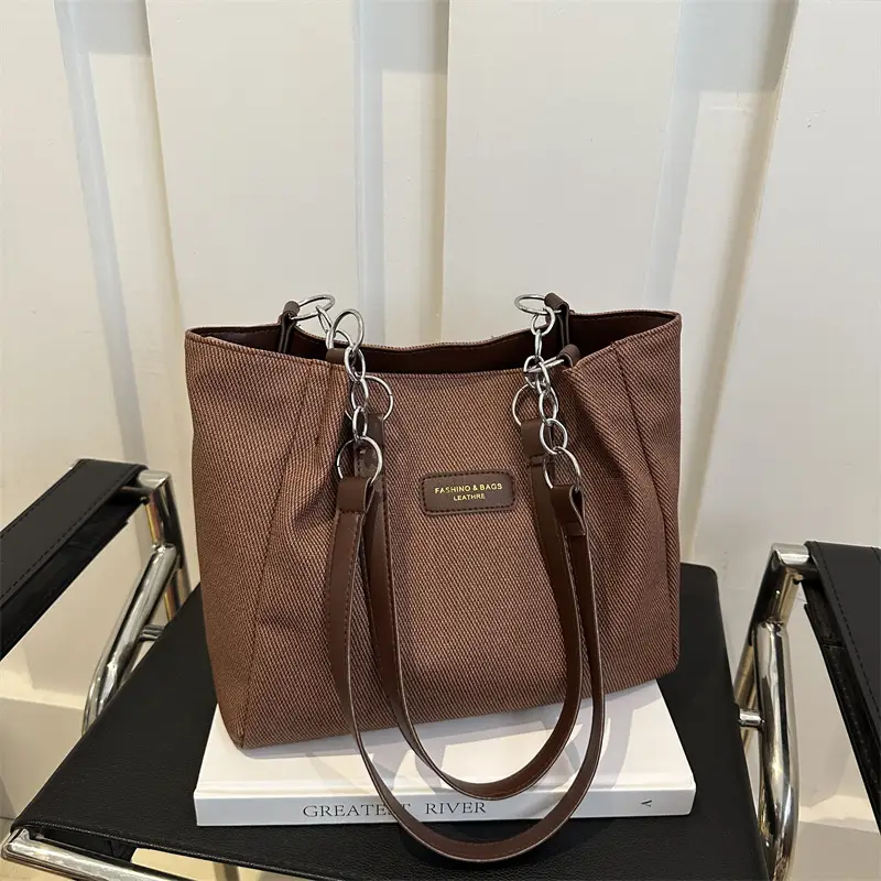 Brown Canvas Shoulder Bag for Women Large Capacity Commuter Tote - Image 4