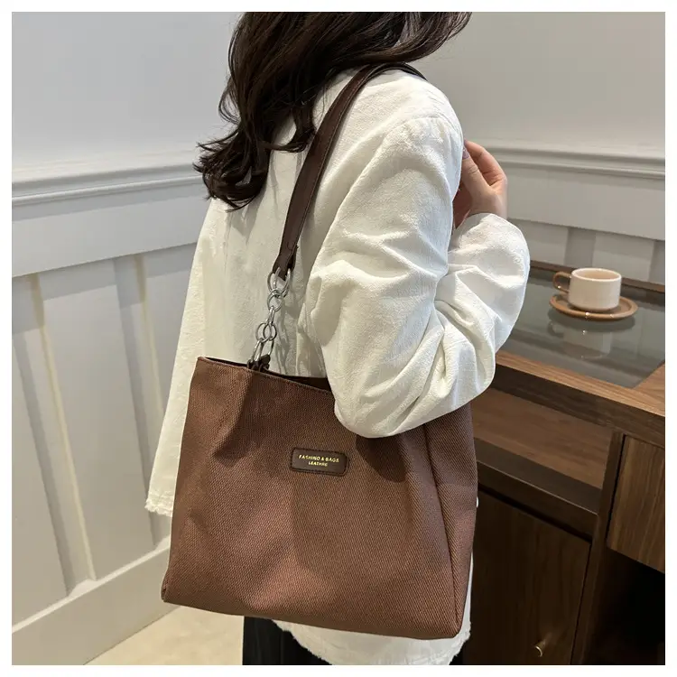 Brown Canvas Shoulder Bag for Women Large Capacity Commuter Tote — feature 24