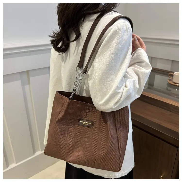 Brown Canvas Shoulder Bag for Women Large Capacity Commuter Tote — feature 25