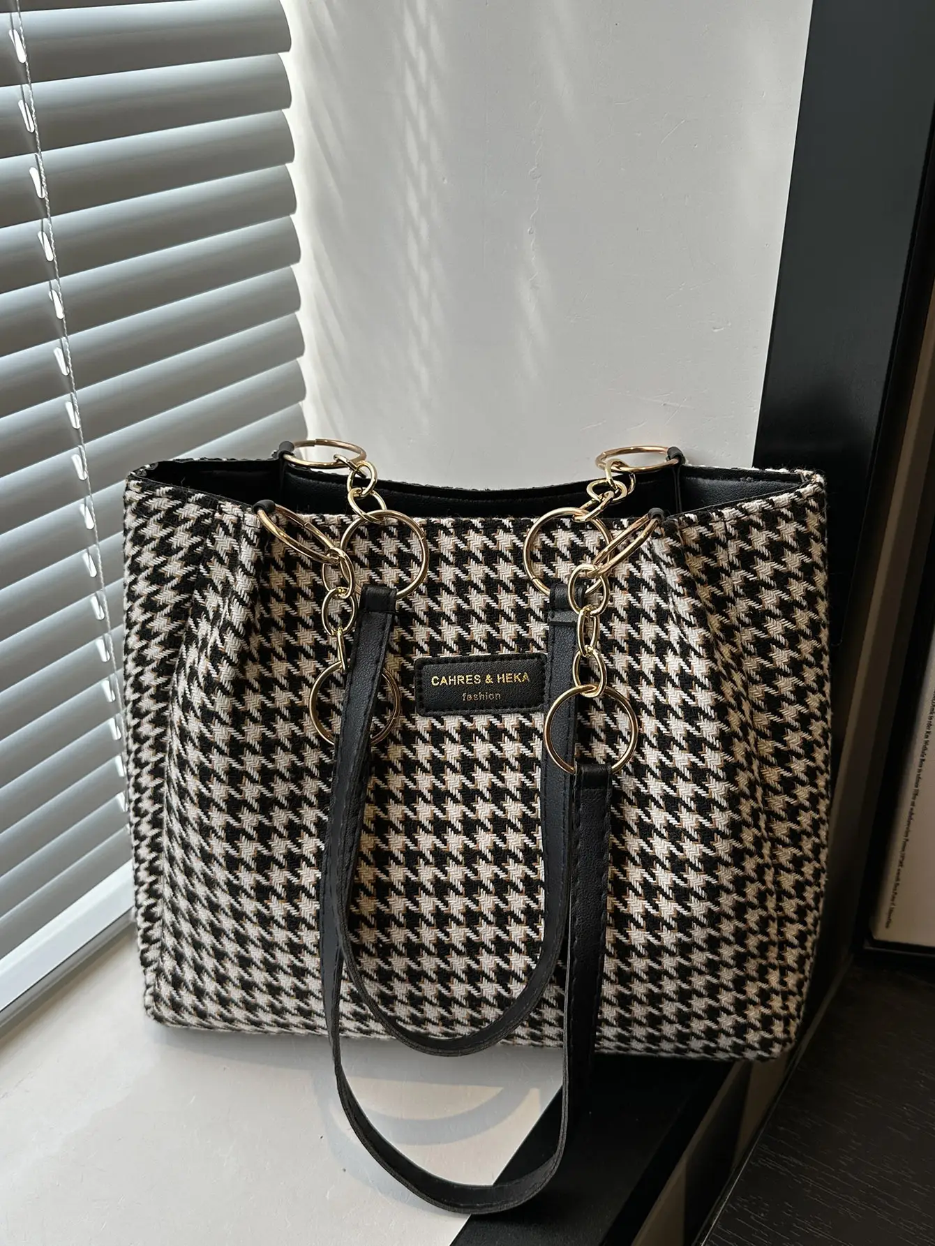 Vintage Houndstooth Shoulder Tote Bag for Women 2024 - Image 5