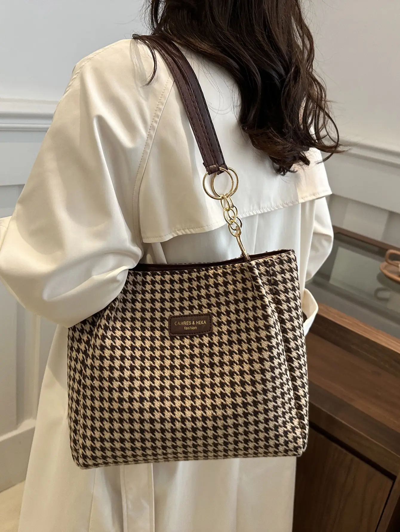 Vintage Houndstooth Shoulder Tote Bag for Women 2024 - Image 6