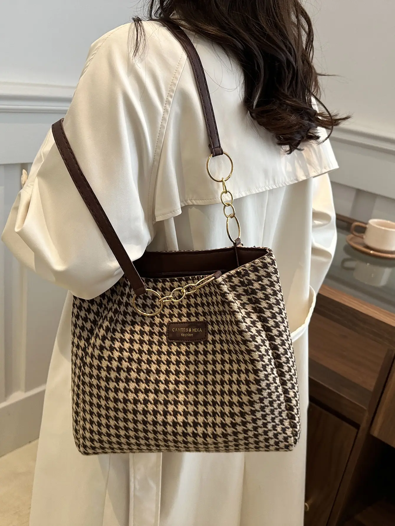Vintage Houndstooth Shoulder Tote Bag for Women 2024 - Image 7
