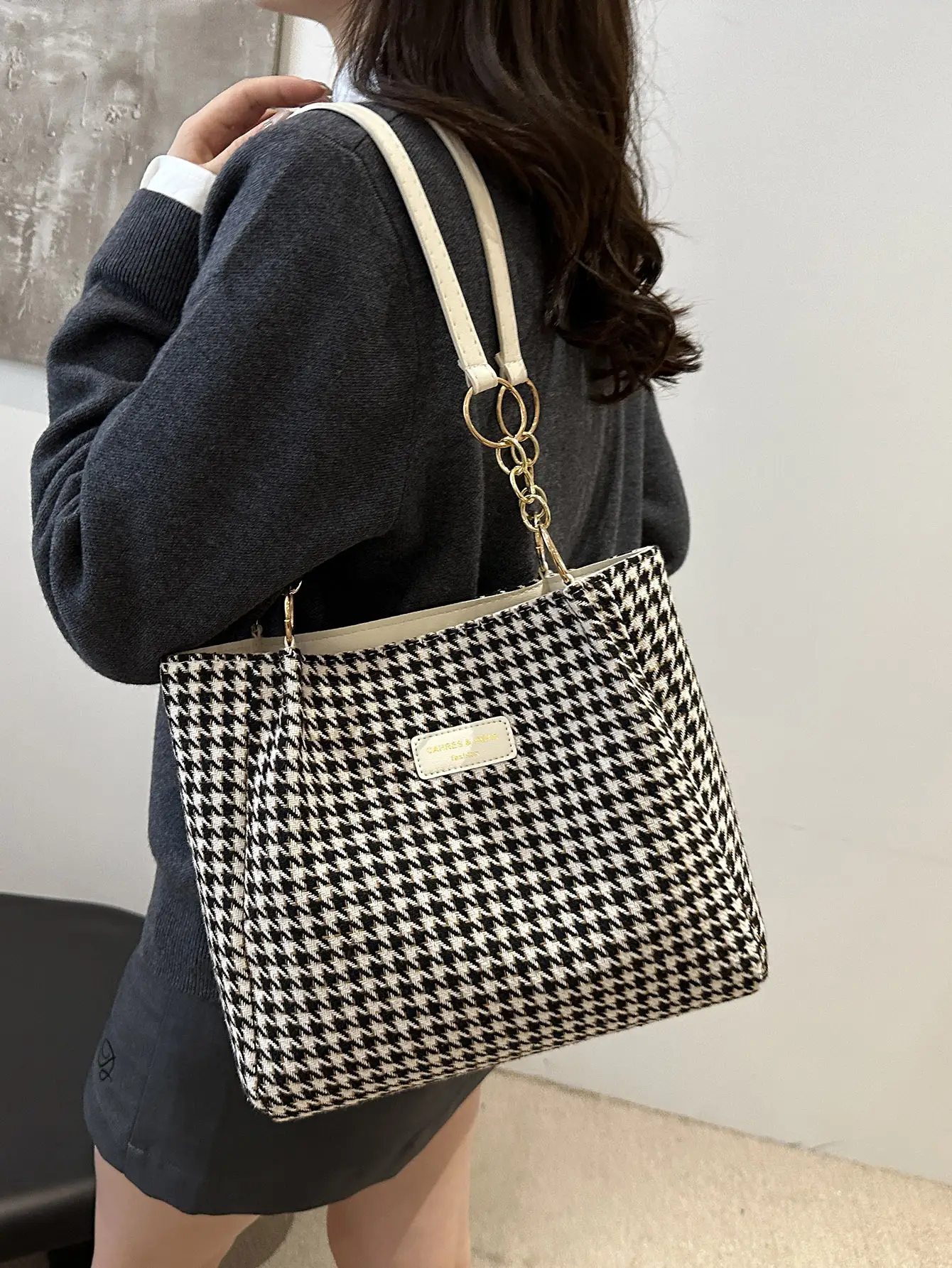 Vintage Houndstooth Shoulder Tote Bag for Women 2024 - Image 8
