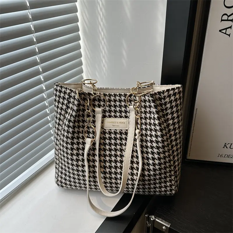 Vintage Houndstooth Shoulder Tote Bag for Women 2024 - Image 2