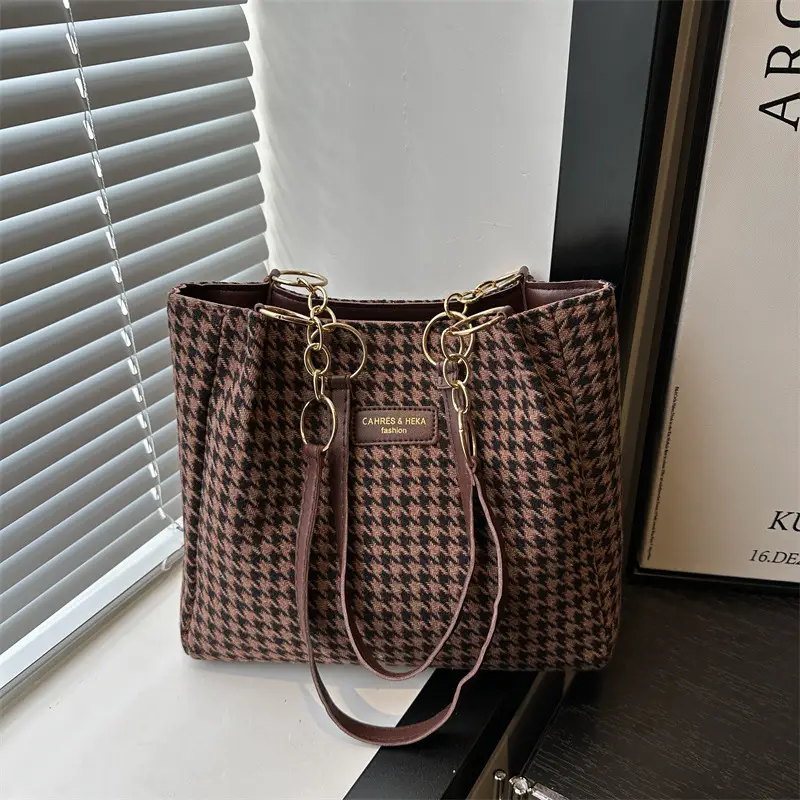 Vintage Houndstooth Shoulder Tote Bag for Women 2024 - Image 3