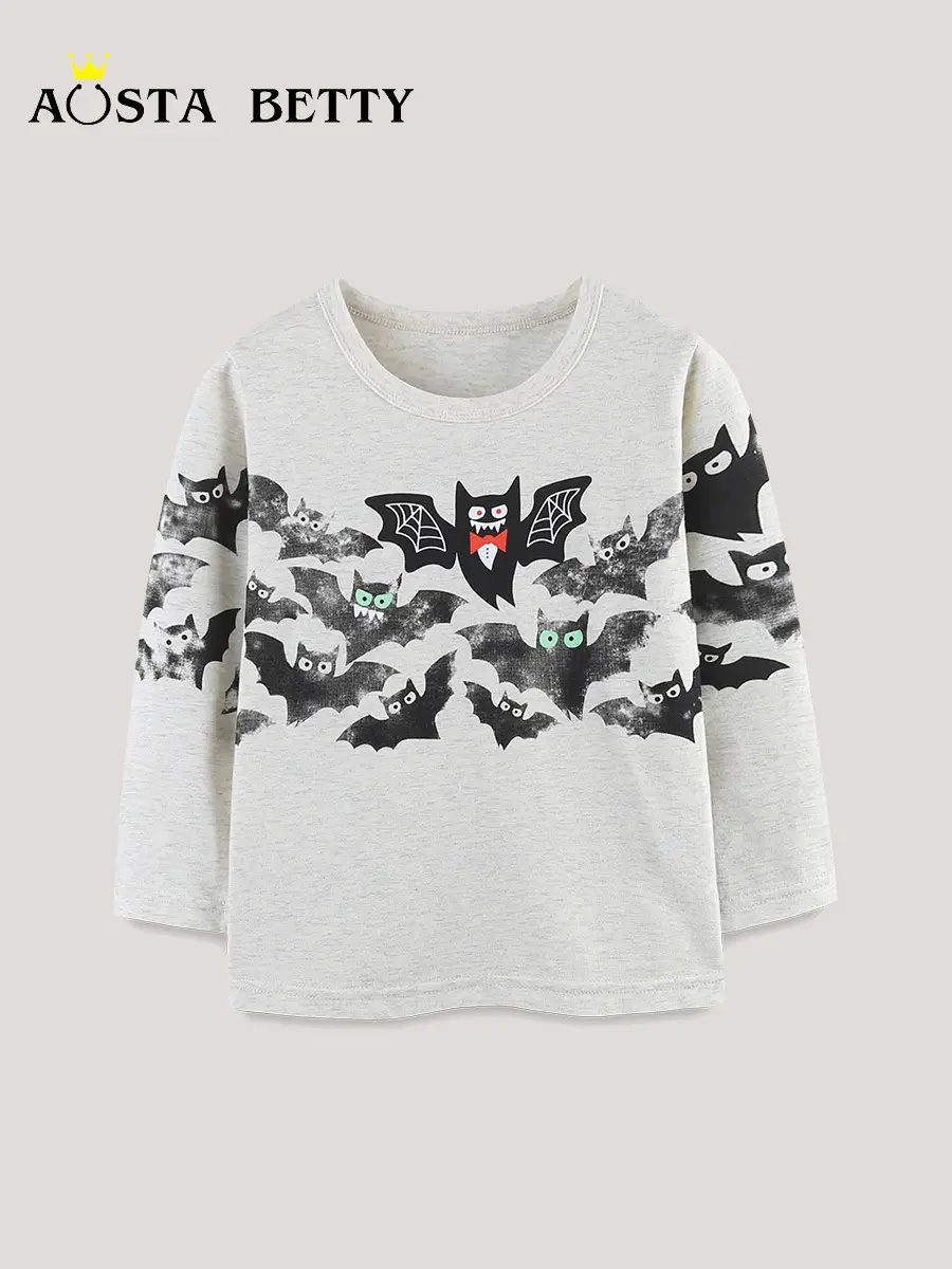 Halloween Bat Print Boys T-Shirt White Round Neck - Image 2
