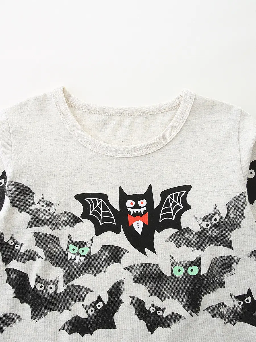 Halloween Bat Print Boys T-Shirt White Round Neck - Image 4
