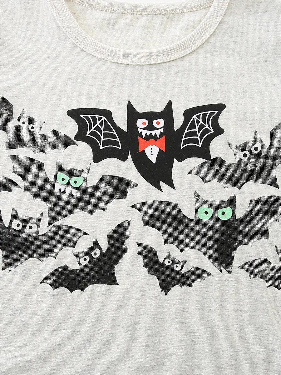 Halloween Bat Print Boys T-Shirt White Round Neck - Image 5