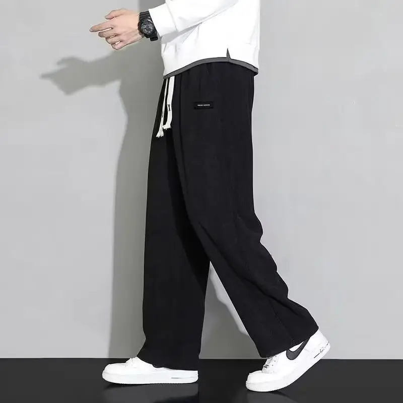 Men Fleece Lined Black Wide Leg Pants Warm Sweatpants - Image 7