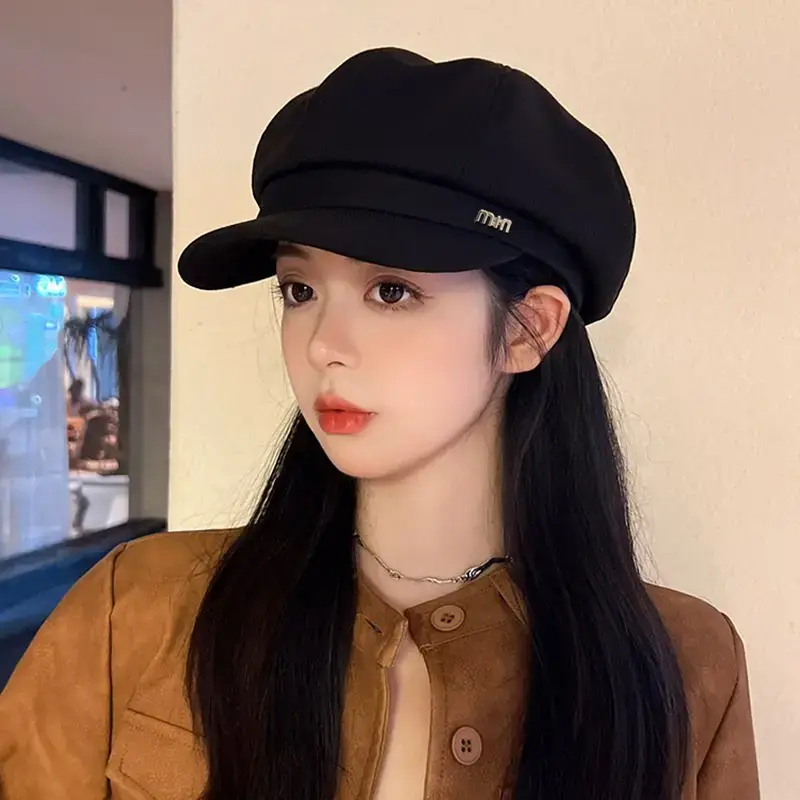 Black French Retro Newsboy Cap for Women