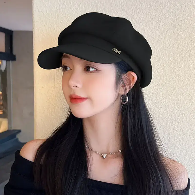 Black French Retro Newsboy Cap for Women