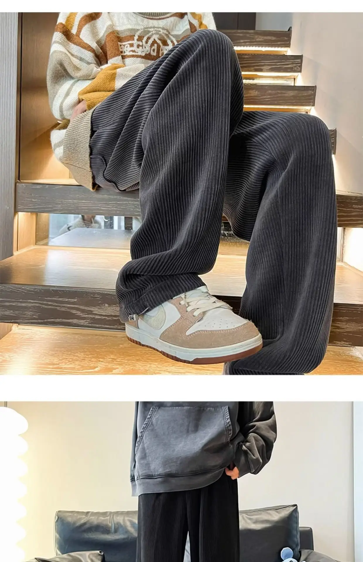 Men's Corduroy Straight Leg Pants Cream Autumn Wear — feature 10