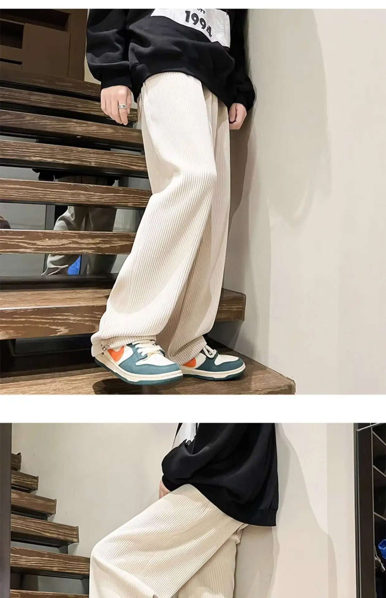 Men's Corduroy Straight Leg Pants Cream Autumn Wear — feature 3