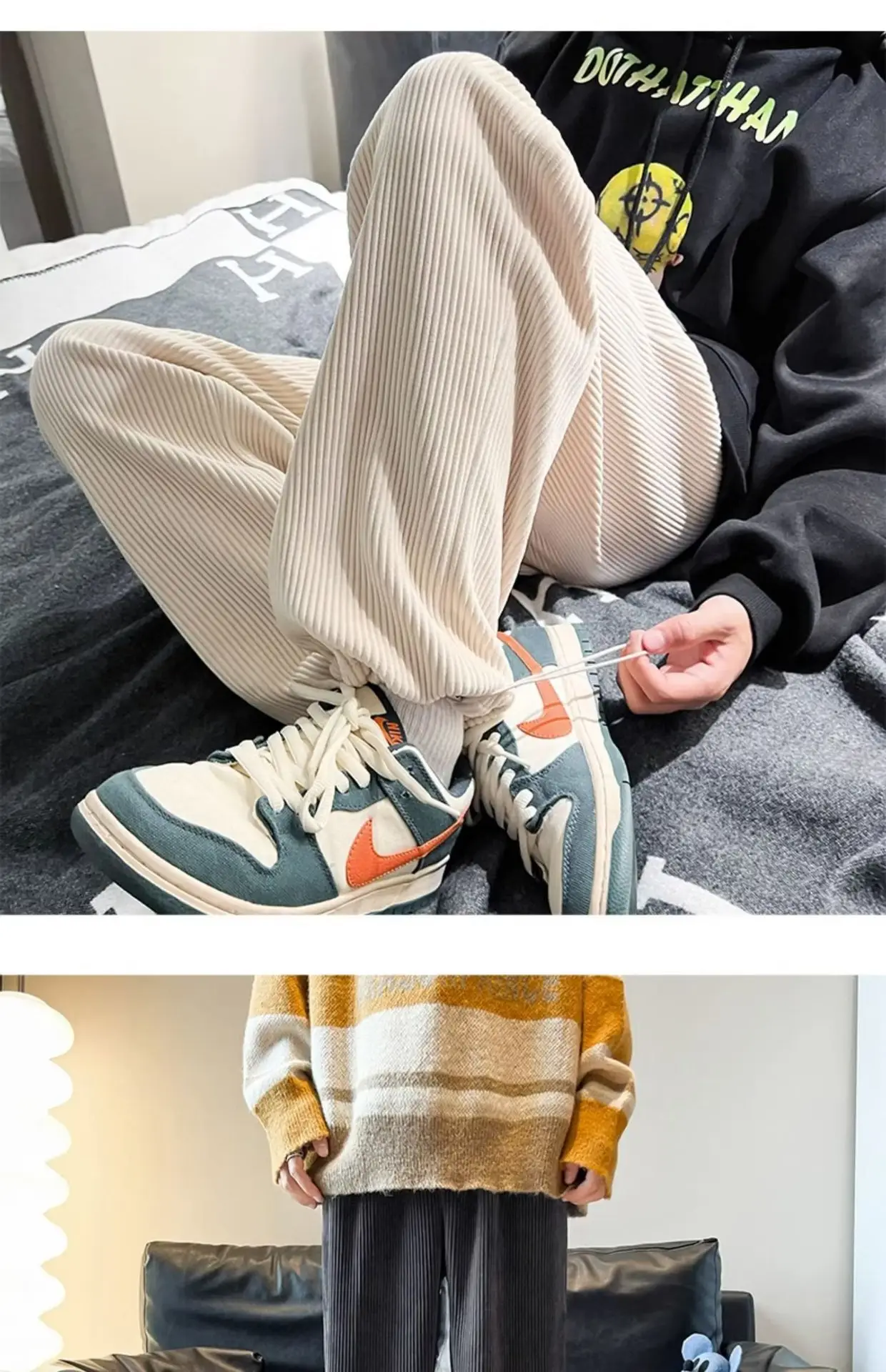 Men's Corduroy Straight Leg Pants Cream Autumn Wear — feature 5