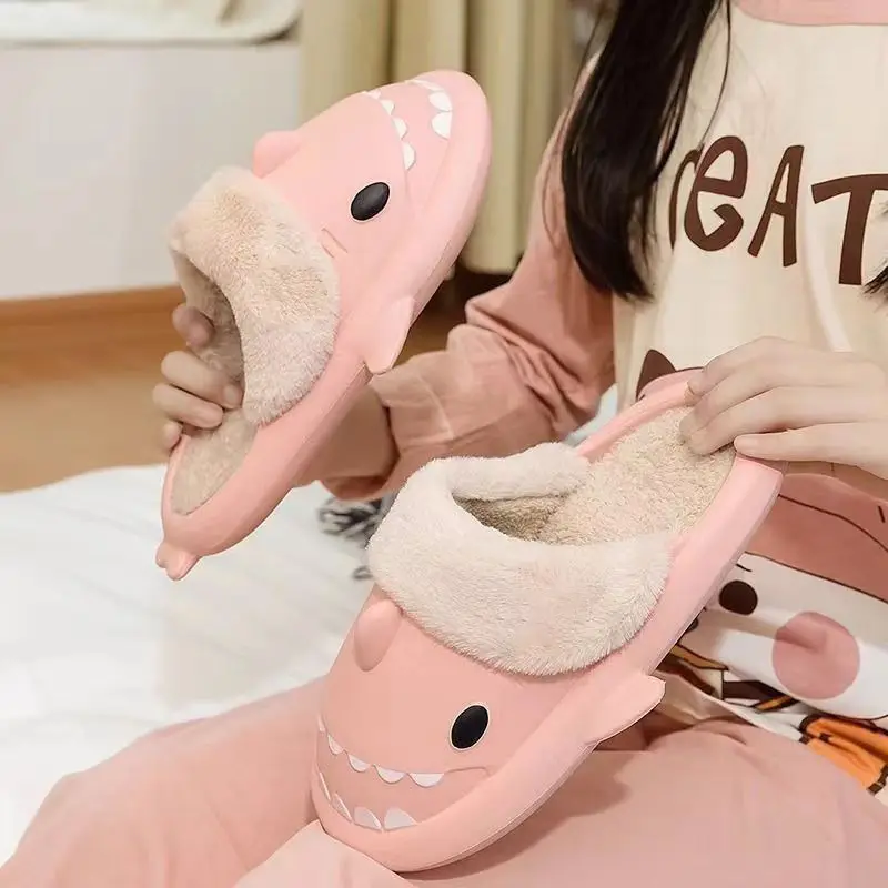 Shark Thick-Soled Fleece-Lined Shoes 2025 New Women's Autumn and Winter Indoor Waterproof Non-Slip Warm Slippers Wholesale - Image 6