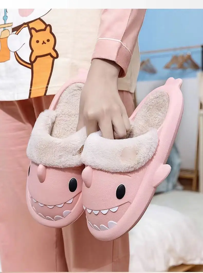 Shark Thick-Soled Fleece-Lined Shoes 2025 New Women's Autumn and Winter Indoor Waterproof Non-Slip Warm Slippers Wholesale — feature 4