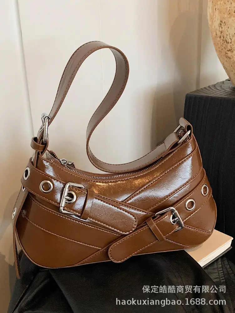 Brown Leather Motorcycle Style Shoulder Bag for Women 2024 - Image 6