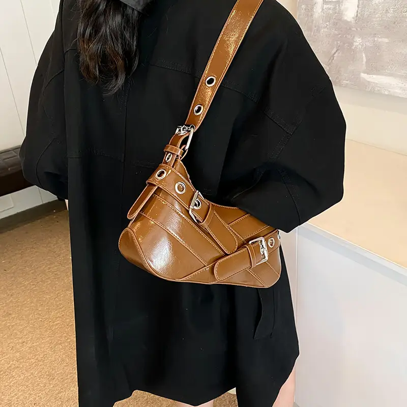 Brown Leather Motorcycle Style Shoulder Bag for Women 2024 - Image 4