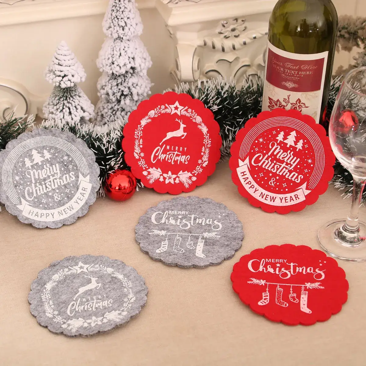 Christmas Wine Cup Mats Red Grey Cotton Felt Decor - Image 8