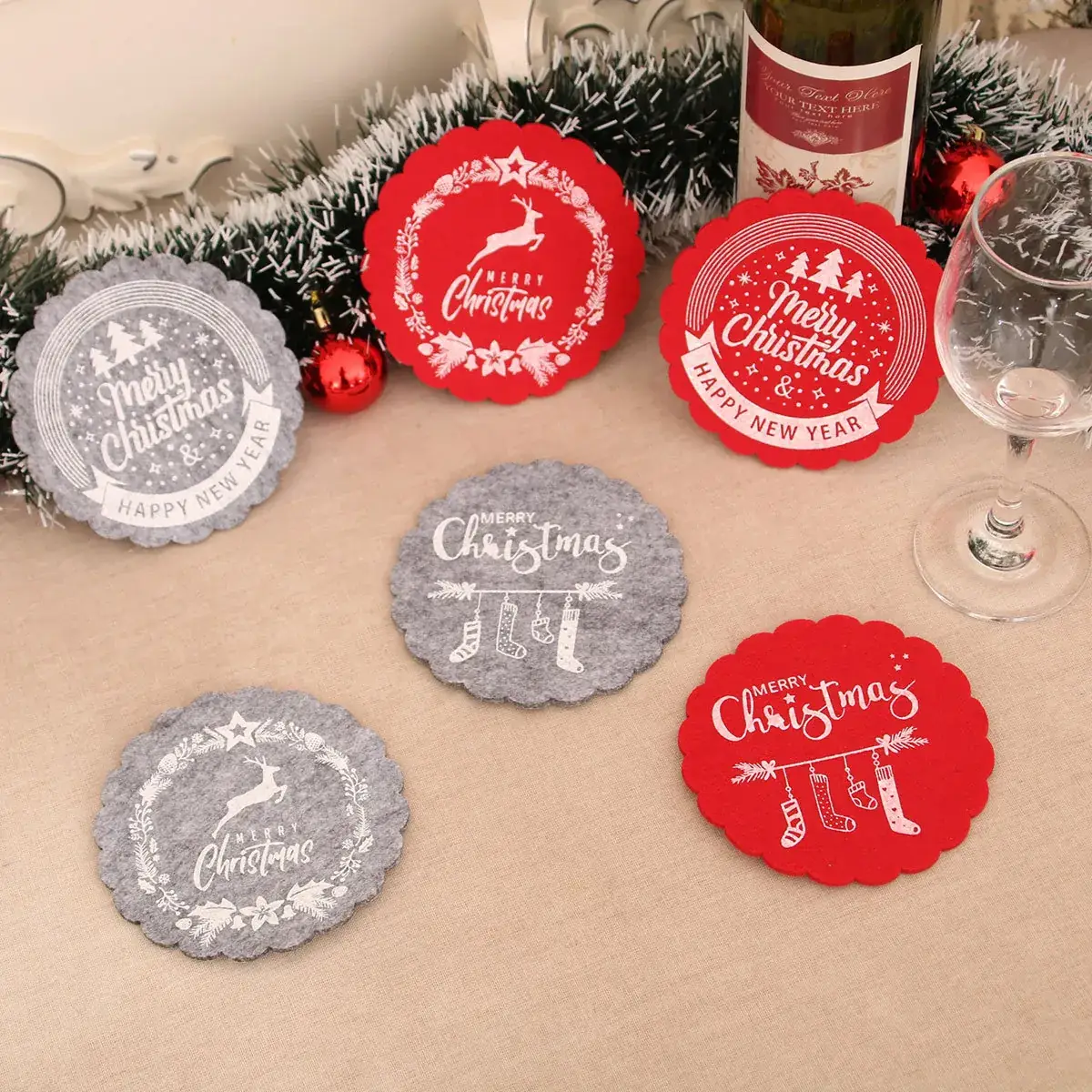 Christmas Wine Cup Mats Red Grey Cotton Felt Decor - Image 10